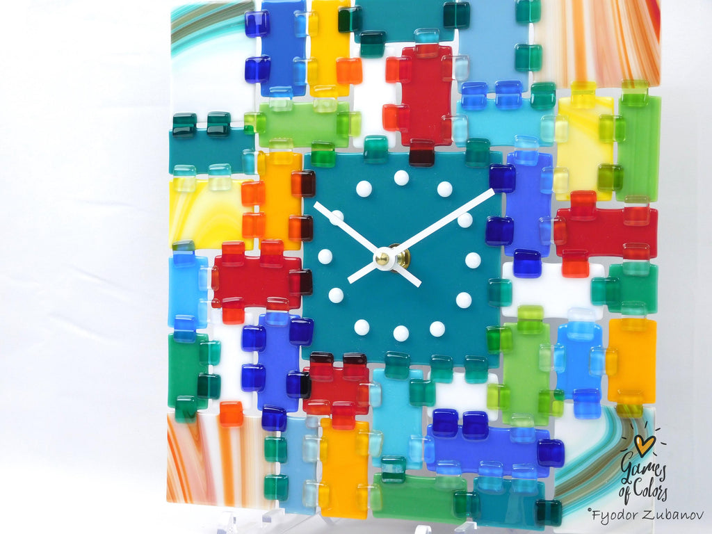 Wall Clock Rectangular Fantasy - Turquoise Morning; decorative clock; glass art; battery powered; analog display