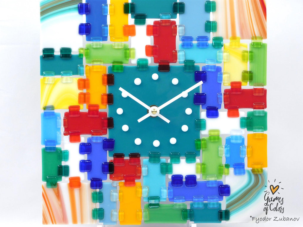 Wall Clock Rectangular Fantasy - Turquoise Morning; decorative clock; glass art; battery powered; analog display