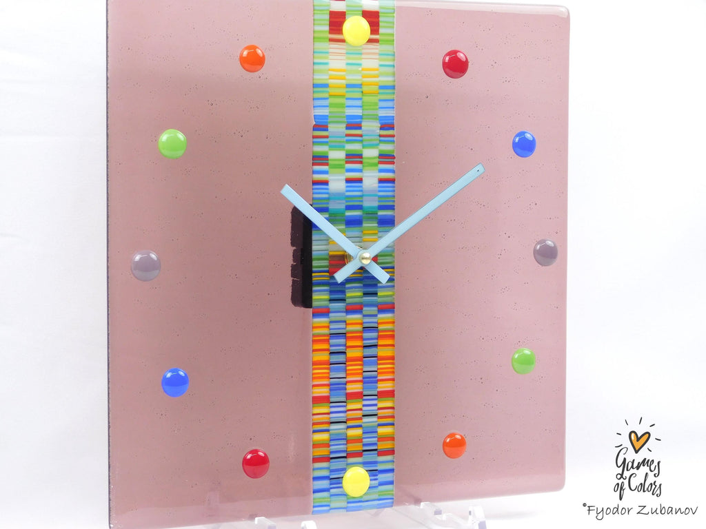 A decorative wall clock "Sweet candy. Cranberry juice"; Square clock; quartz clock; battery powered; art glass; Violet;