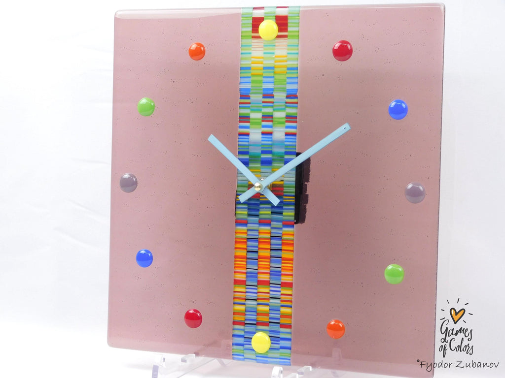 A decorative wall clock "Sweet candy. Cranberry juice"; Square clock; quartz clock; battery powered; art glass; Violet;